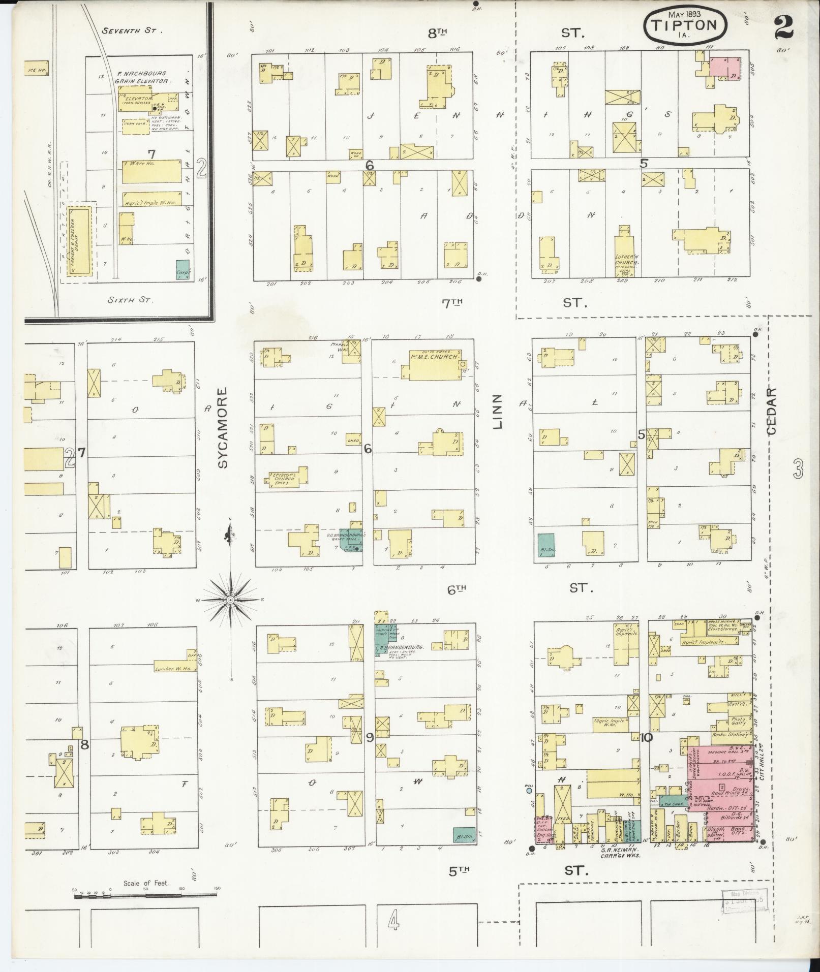 Sanborn Fire Insurance Map from Tipton, Cedar County, Iowa (1893), Sheet #0002 - Historic Sanborn Fire Insurance Map Print, vintage old map wall art