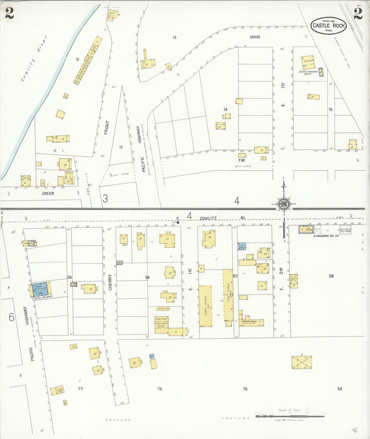 Sanborn Fire Insurance Map from Castle Rock, Cowlitz County, Washington (1928), Sheet #0002 - Historic Sanborn Fire Insurance Map Print, vintage old map wall art, antique decor, genealogy gift, Washington Washington map