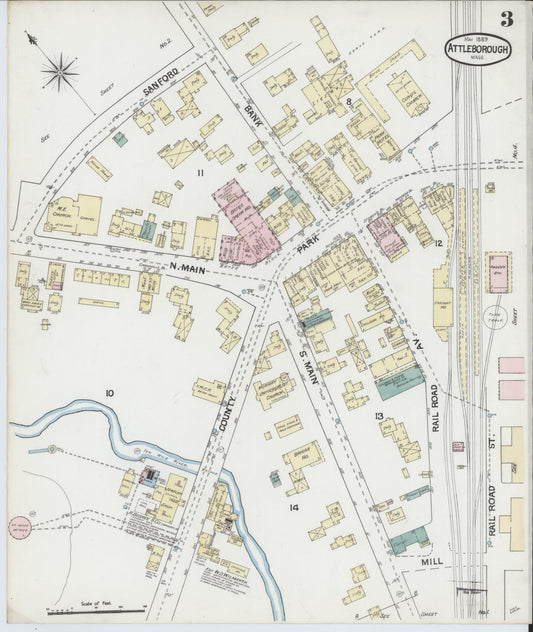 Sanborn Fire Insurance Map from Attleboro, Bristol County, Massachusetts (1889), Sheet #0003 - Historic Sanborn Fire Insurance Map Print, vintage old map wall art, antique decor, genealogy gift, Massachusetts Massachusetts map