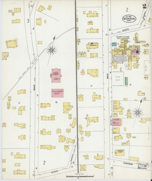 Sanborn Fire Insurance Map from Monson, Hampden County, Massachusetts (1902), Sheet #0002 - Historic Sanborn Fire Insurance Map Print, vintage old map wall art, antique decor, genealogy gift, Massachusetts Massachusetts map