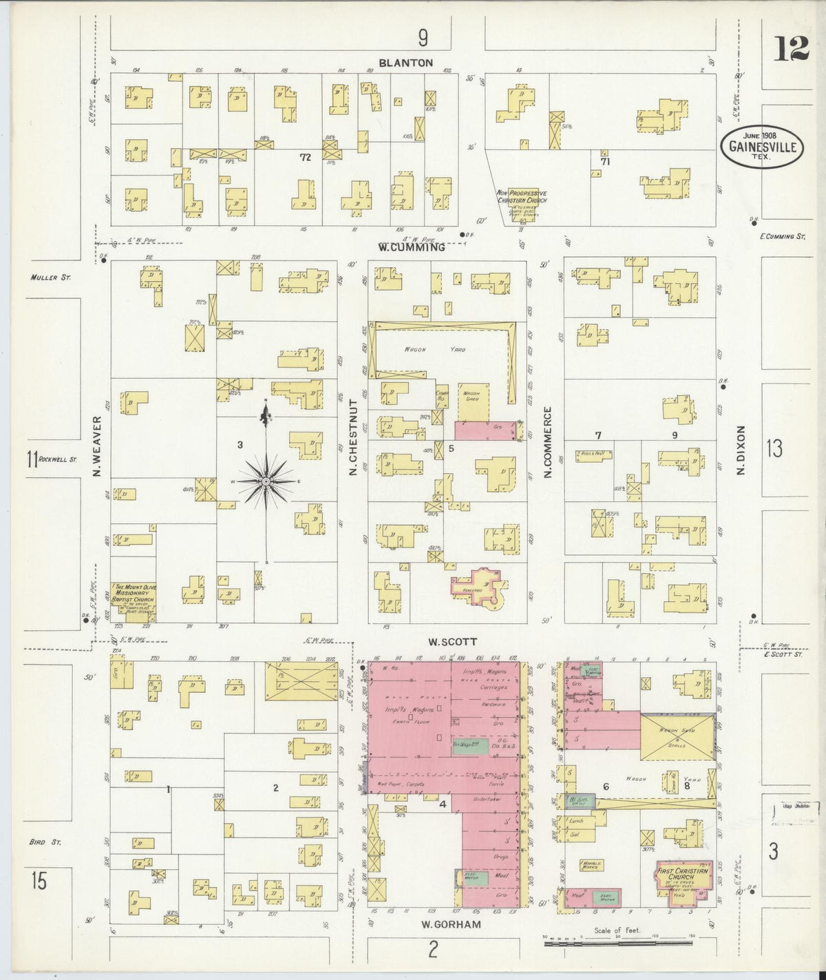 Sanborn Fire Insurance Map from Gainesville, Cooke County, Texas (1908), Sheet #0012 - Historic Sanborn Fire Insurance Map Print, vintage old map wall art, antique decor, genealogy gift, Texas Texas map