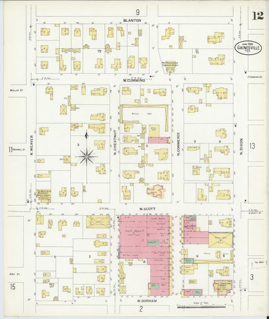 Sanborn Fire Insurance Map from Gainesville, Cooke County, Texas (1908), Sheet #0012 - Historic Sanborn Fire Insurance Map Print, vintage old map wall art, antique decor, genealogy gift, Texas Texas map