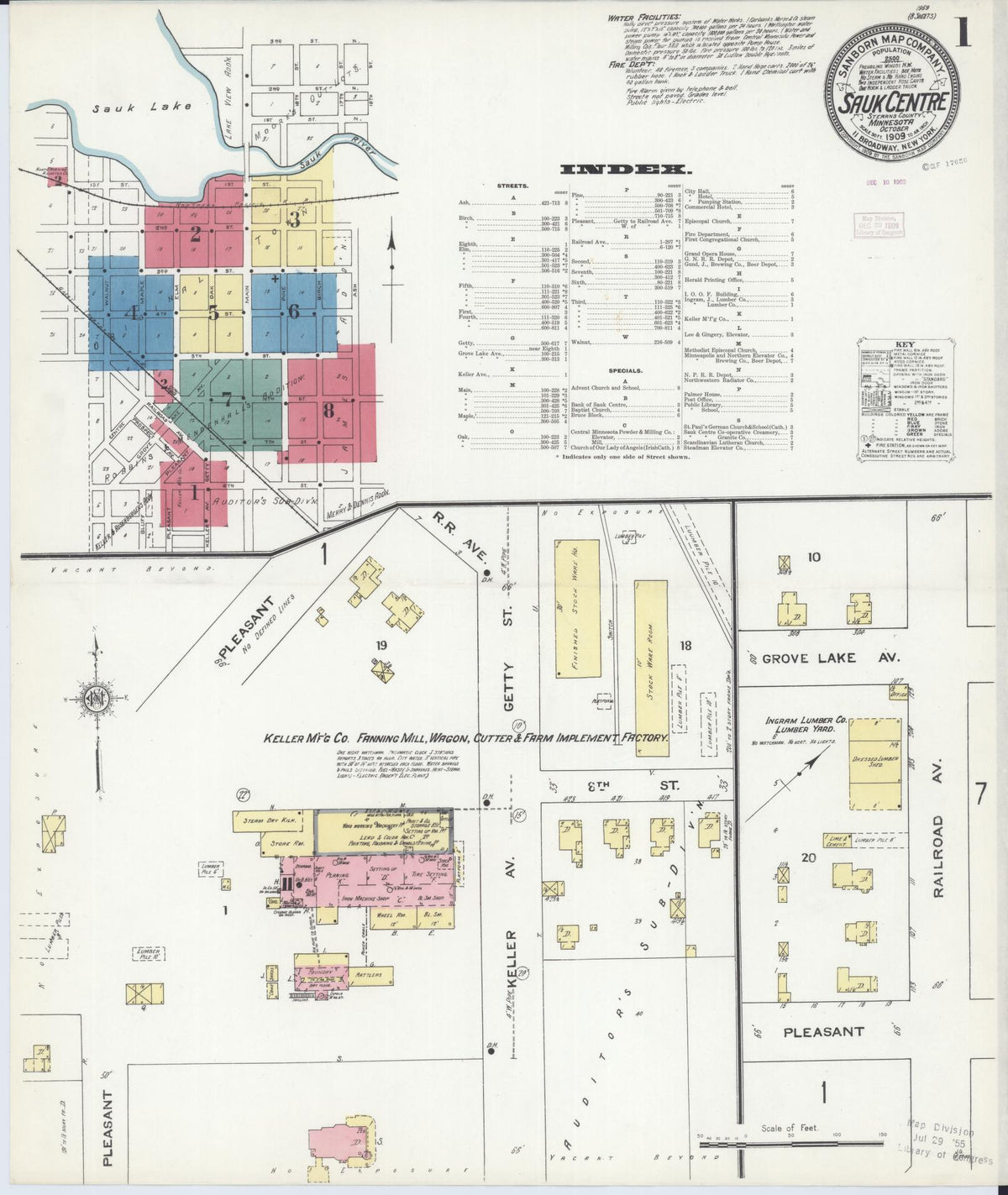 Sanborn Fire Insurance Map from Sauk Centre, Stearns County, Minnesota (1909), Sheet #0001 - Historic Sanborn Fire Insurance Map Print, vintage old map wall art, antique decor, genealogy gift, Minnesota Minnesota map