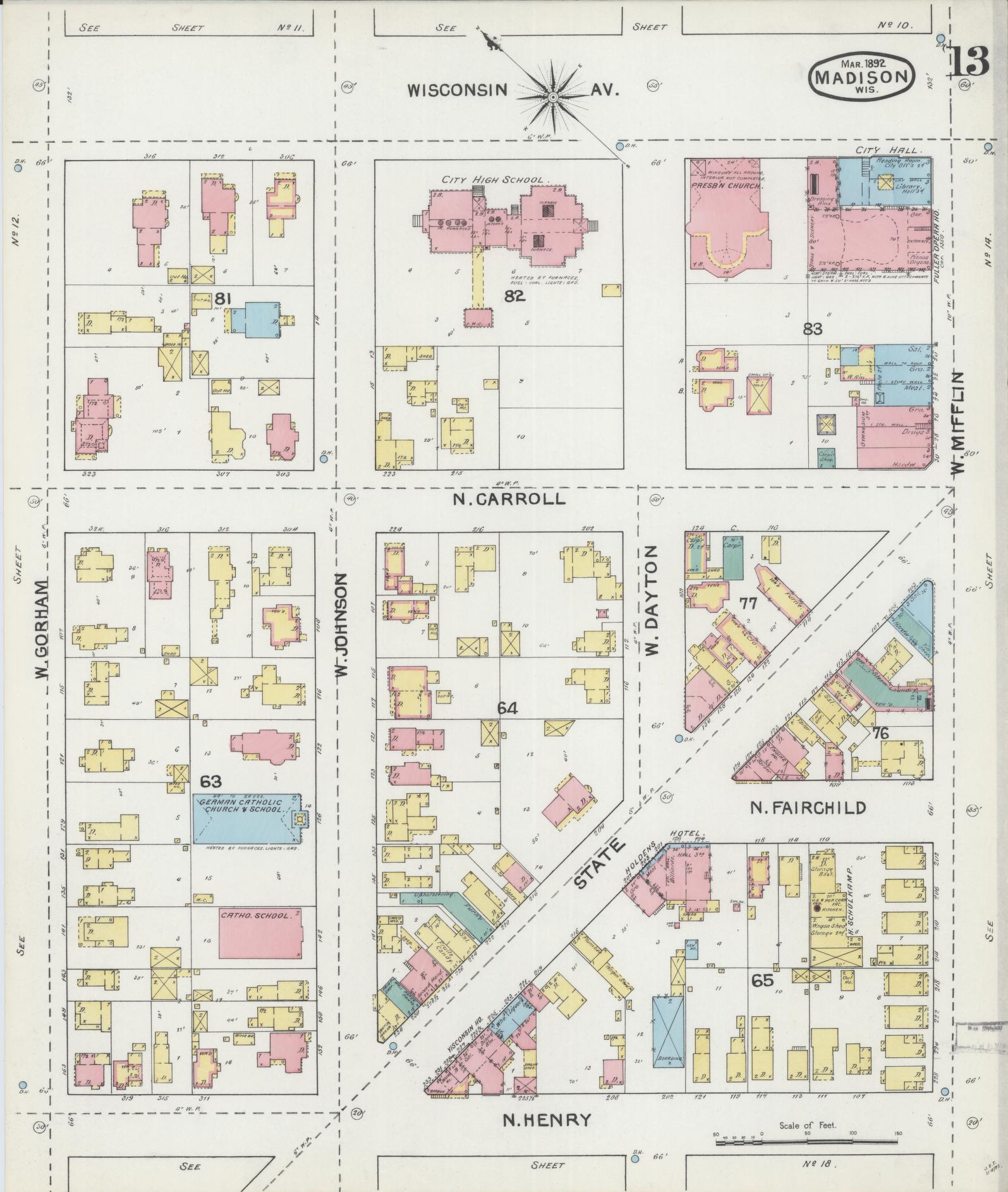 Sanborn Fire Insurance Map from Madison, Dane County, Wisconsin (1892), Sheet #0013 - Historic Sanborn Fire Insurance Map Print, vintage old map wall art, antique decor, genealogy gift, Wisconsin Wisconsin map