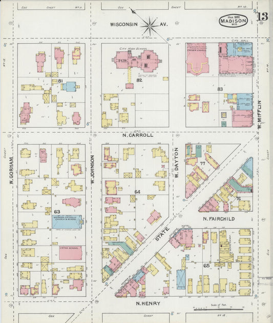 Sanborn Fire Insurance Map from Madison, Dane County, Wisconsin (1892), Sheet #0013 - Historic Sanborn Fire Insurance Map Print, vintage old map wall art, antique decor, genealogy gift, Wisconsin Wisconsin map