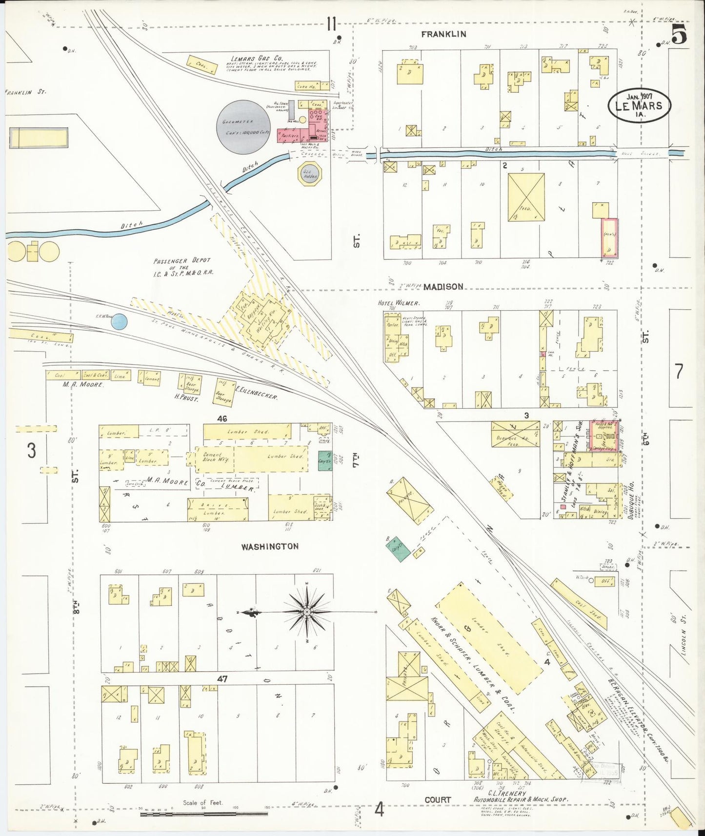 Sanborn Fire Insurance Map from Le Mars, Plymouth County, Iowa (1907), Sheet #0005 - Historic Sanborn Fire Insurance Map Print, vintage old map wall art