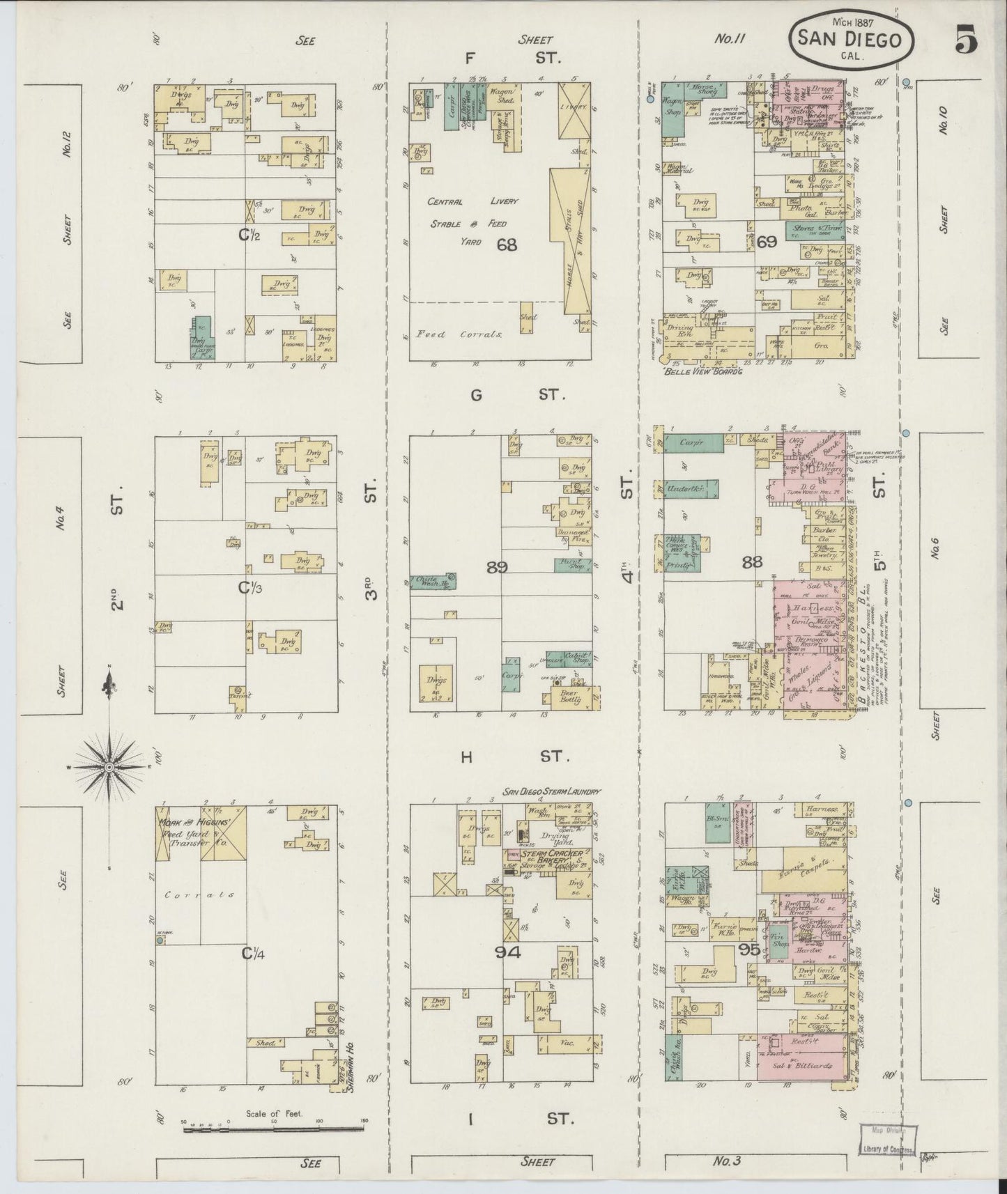 Sanborn Fire Insurance Map from San Diego, San Diego County, California (1887), Sheet #0005 - Complete Map Set gallery image, historic Sanborn map, vintage wall art, California California