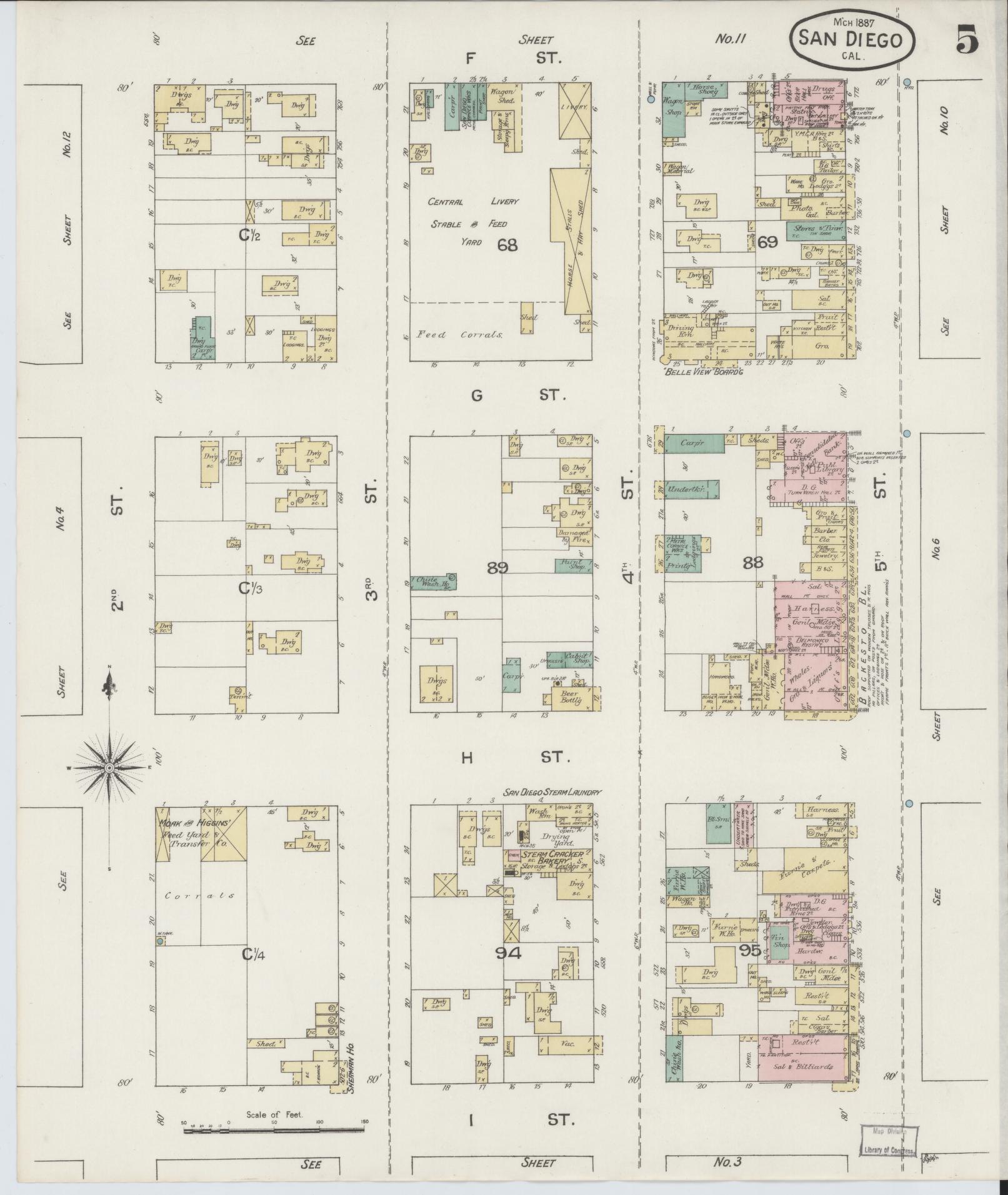 Sanborn Fire Insurance Map from San Diego, San Diego County, California (1887), Sheet #0005 - Complete Map Set gallery image, historic Sanborn map, vintage wall art, California California