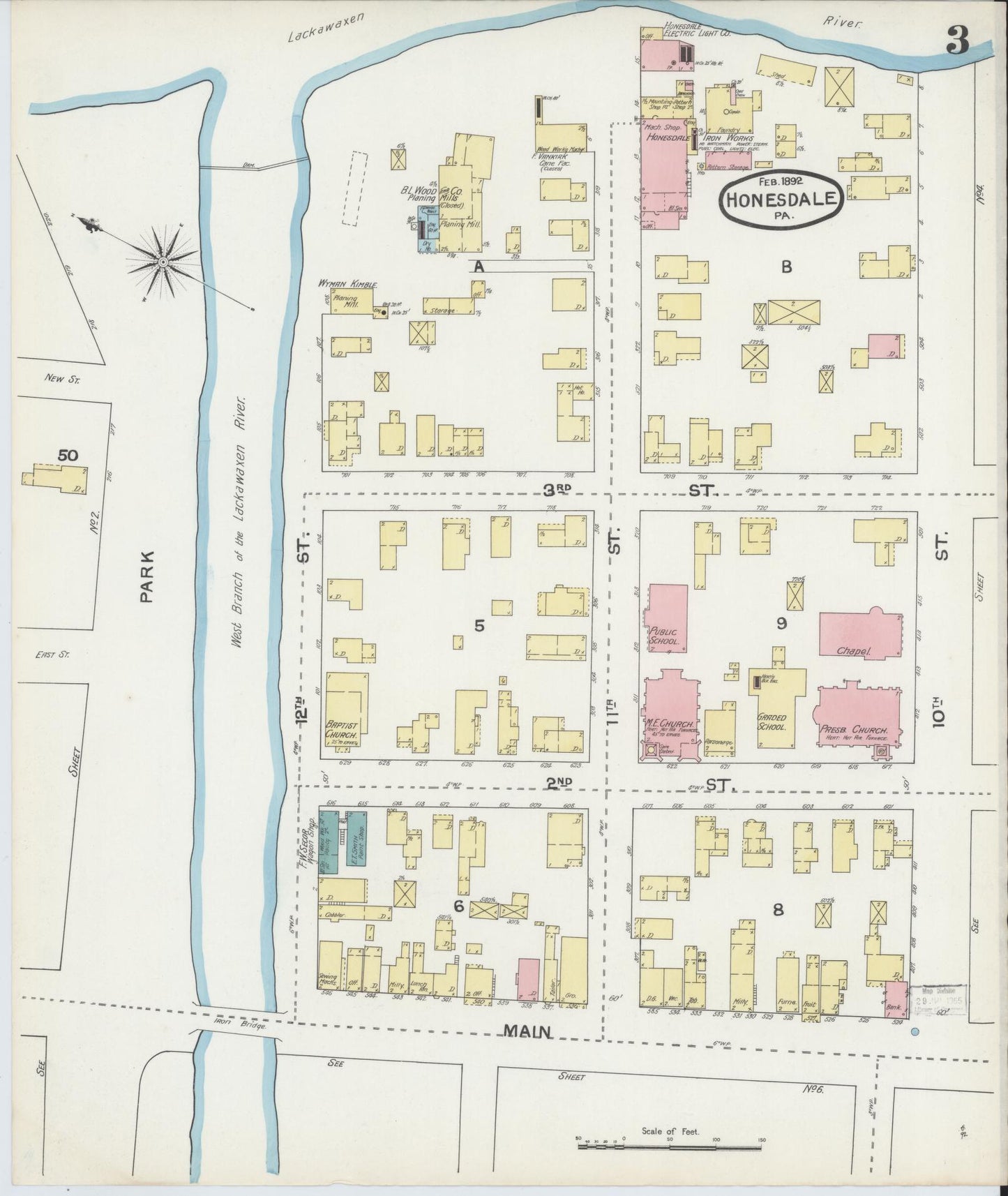 Sanborn Fire Insurance Map from Honesdale, Wayne County, Pennsylvania (1892), Sheet #0003 - Historic Sanborn Fire Insurance Map Print, vintage old map wall art, antique decor, genealogy gift, Pennsylvania Pennsylvania map