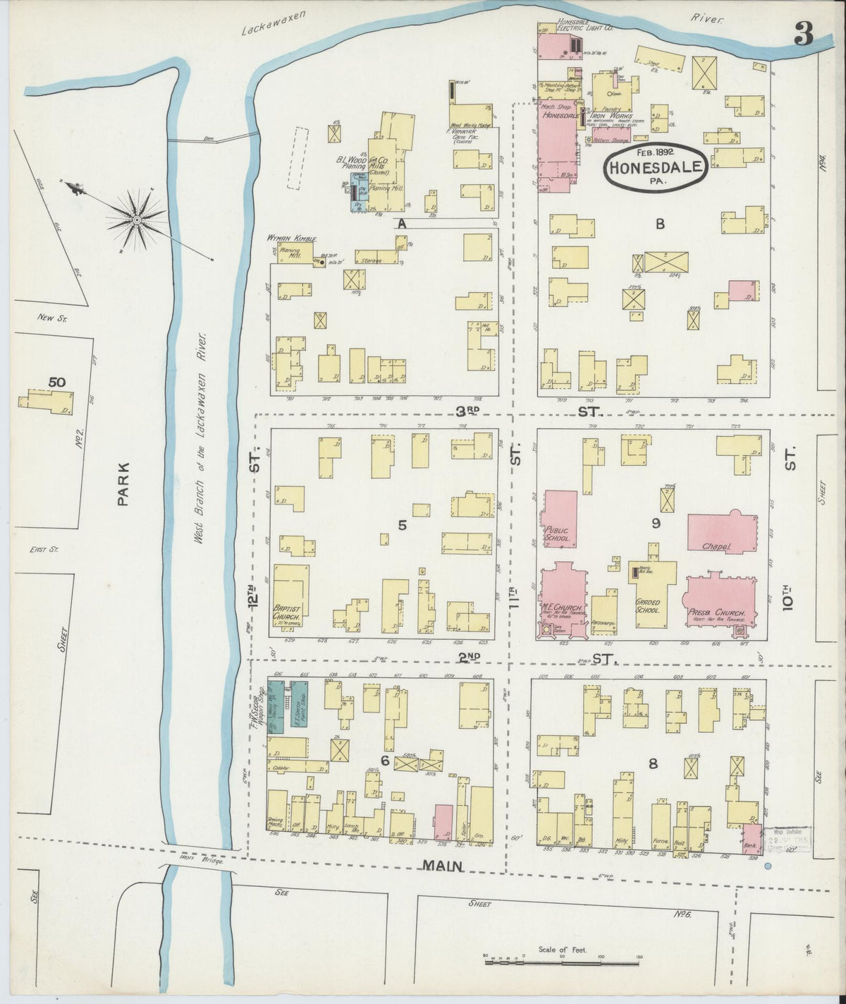 Sanborn Fire Insurance Map from Honesdale, Wayne County, Pennsylvania (1892), Sheet #0003 - Historic Sanborn Fire Insurance Map Print, vintage old map wall art, antique decor, genealogy gift, Pennsylvania Pennsylvania map