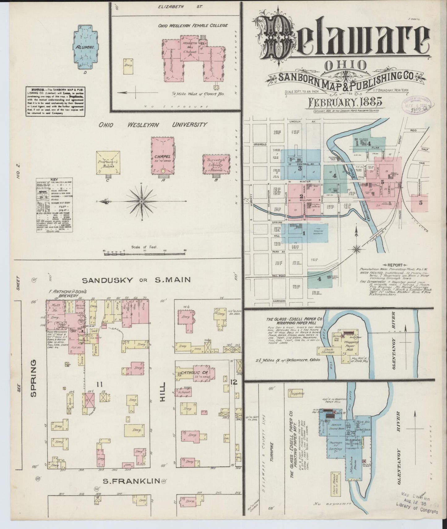 Sanborn Fire Insurance Map from Delaware, Delaware County, Ohio (1885), Sheet #0001 - Historic Sanborn Fire Insurance Map Print, vintage old map wall art, antique decor, genealogy gift, Sanborn Fire Insurance Map from Delaware Delaware map