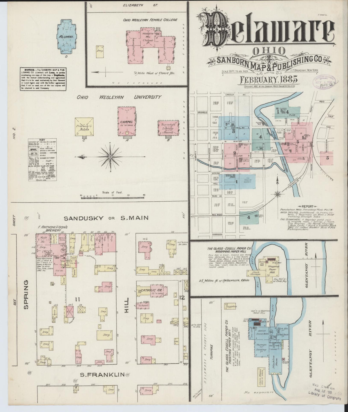 Sanborn Fire Insurance Map from Delaware, Delaware County, Ohio (1885), Sheet #0001 - Historic Sanborn Fire Insurance Map Print, vintage old map wall art, antique decor, genealogy gift, Sanborn Fire Insurance Map from Delaware Delaware map