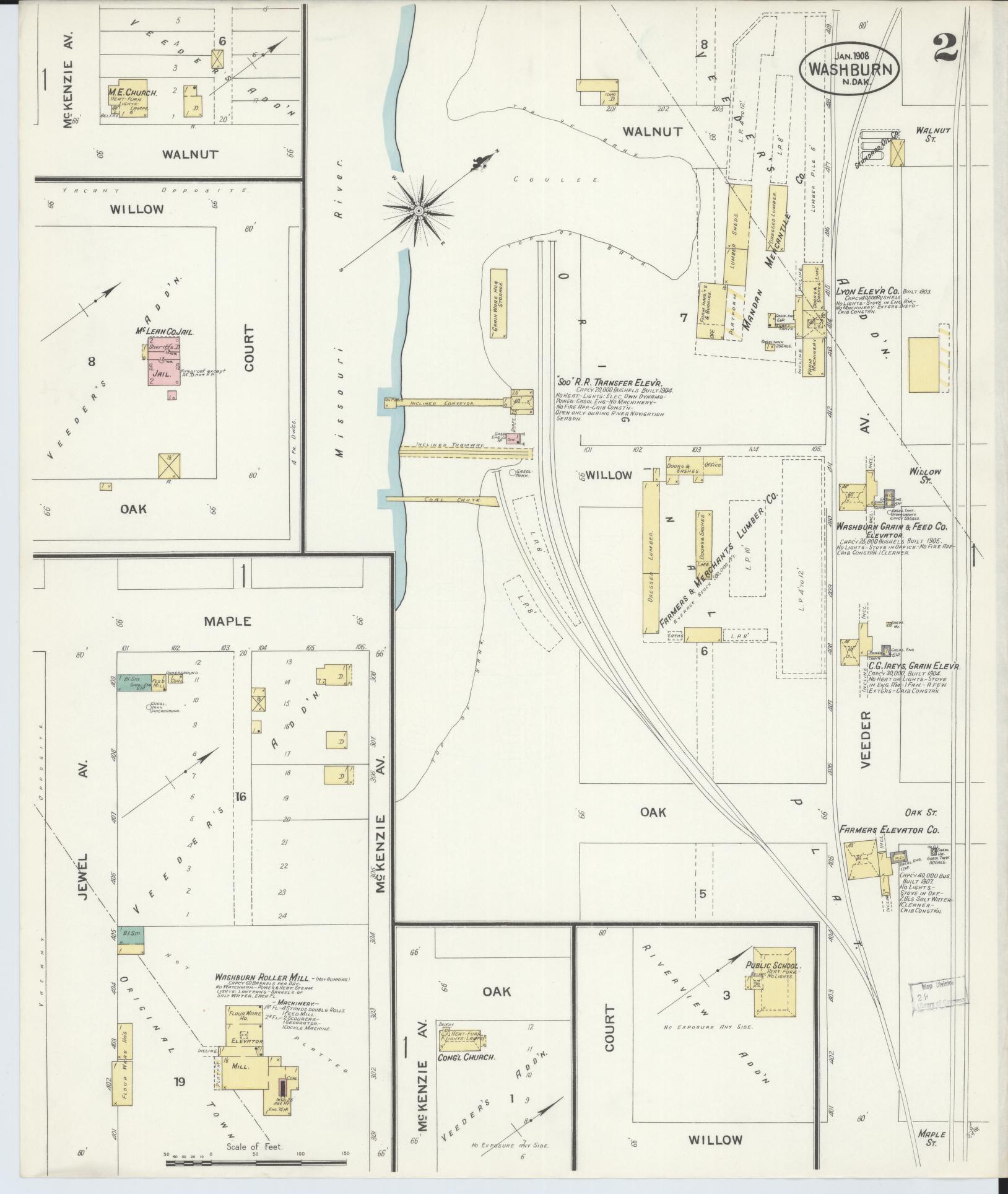 Sanborn Fire Insurance Map from Washburn, Mclean County, North Dakota (1908), Sheet #0002 - Historic Sanborn Fire Insurance Map Print, vintage old map wall art, antique decor, genealogy gift, North Dakota North Dakota map