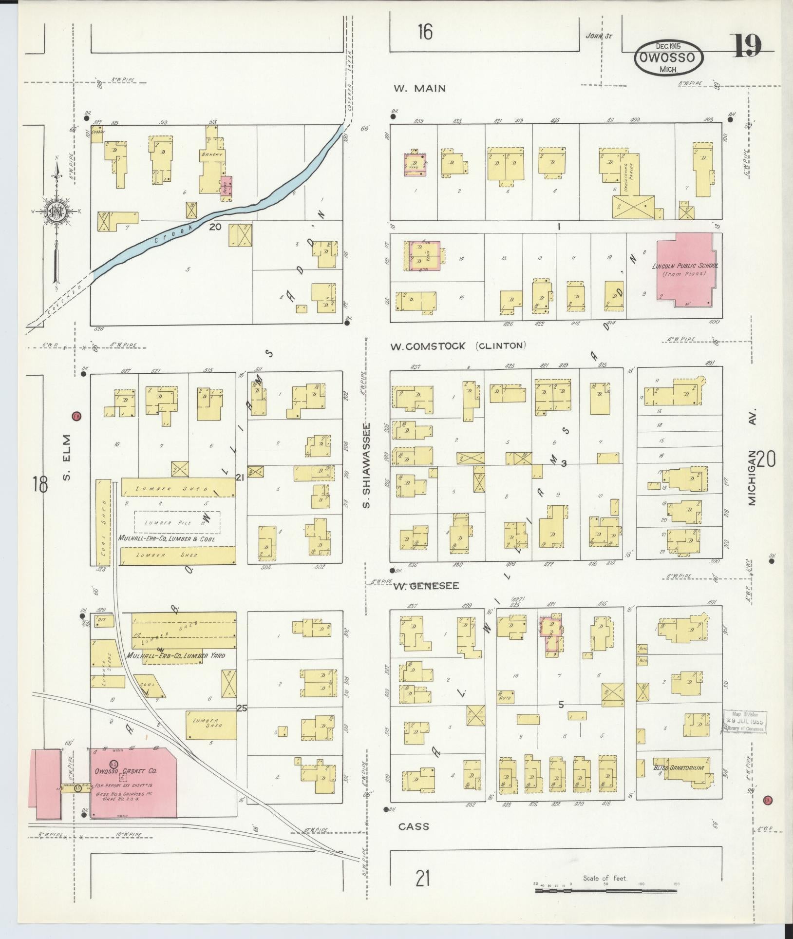 Sanborn Fire Insurance Map from Owosso, Shiawassee County, Michigan (1915), Sheet #0019 - Historic Sanborn Fire Insurance Map Print, vintage old map wall art, antique decor, genealogy gift, Michigan Michigan map