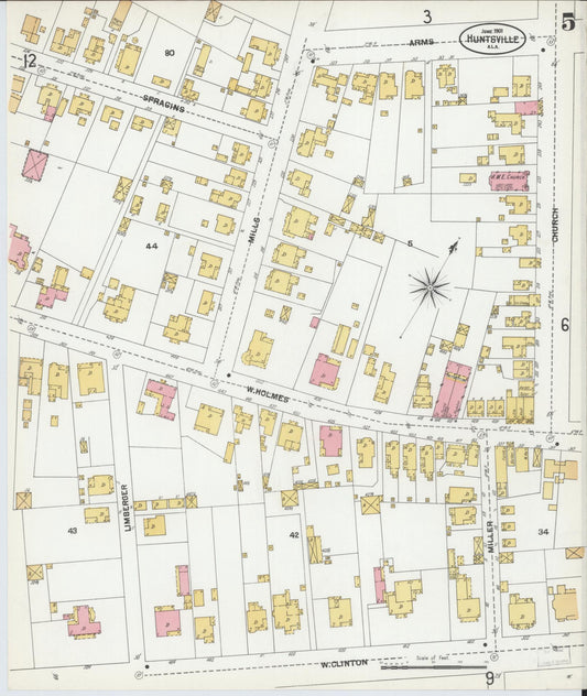 Sanborn Fire Insurance Map from Huntsville, Madison County, Alabama (1901), Sheet #0005 - Historic Sanborn Fire Insurance Map Print, vintage old map wall art, antique decor, genealogy gift, Alabama Alabama map