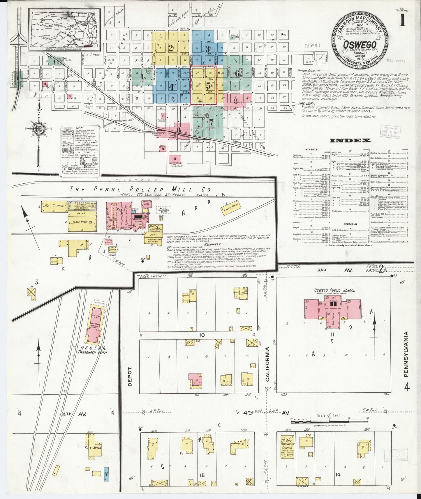 Sanborn Fire Insurance Map from Oswego, Labette County, Kansas (1918), Sheet #0001 - Complete Map Set gallery image, historic Sanborn map, vintage wall art, Kansas Kansas