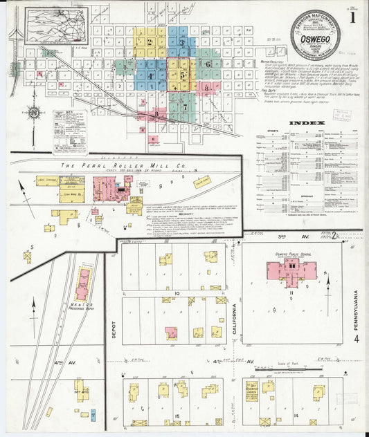 Sanborn Fire Insurance Map from Oswego, Labette County, Kansas (1918), Sheet #0001 - Complete Map Set gallery image, historic Sanborn map, vintage wall art, Kansas Kansas