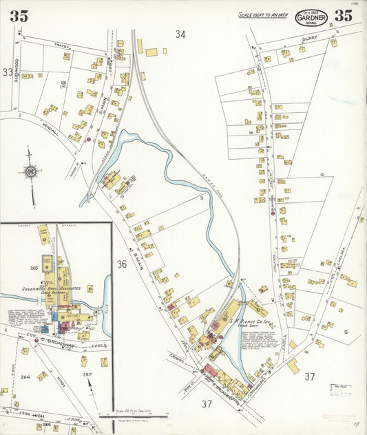 Sanborn Fire Insurance Map from Gardner, Worcester County, Massachusetts (1923), Sheet #0035 - Historic Sanborn Fire Insurance Map Print, vintage old map wall art, antique decor, genealogy gift, Massachusetts Massachusetts map