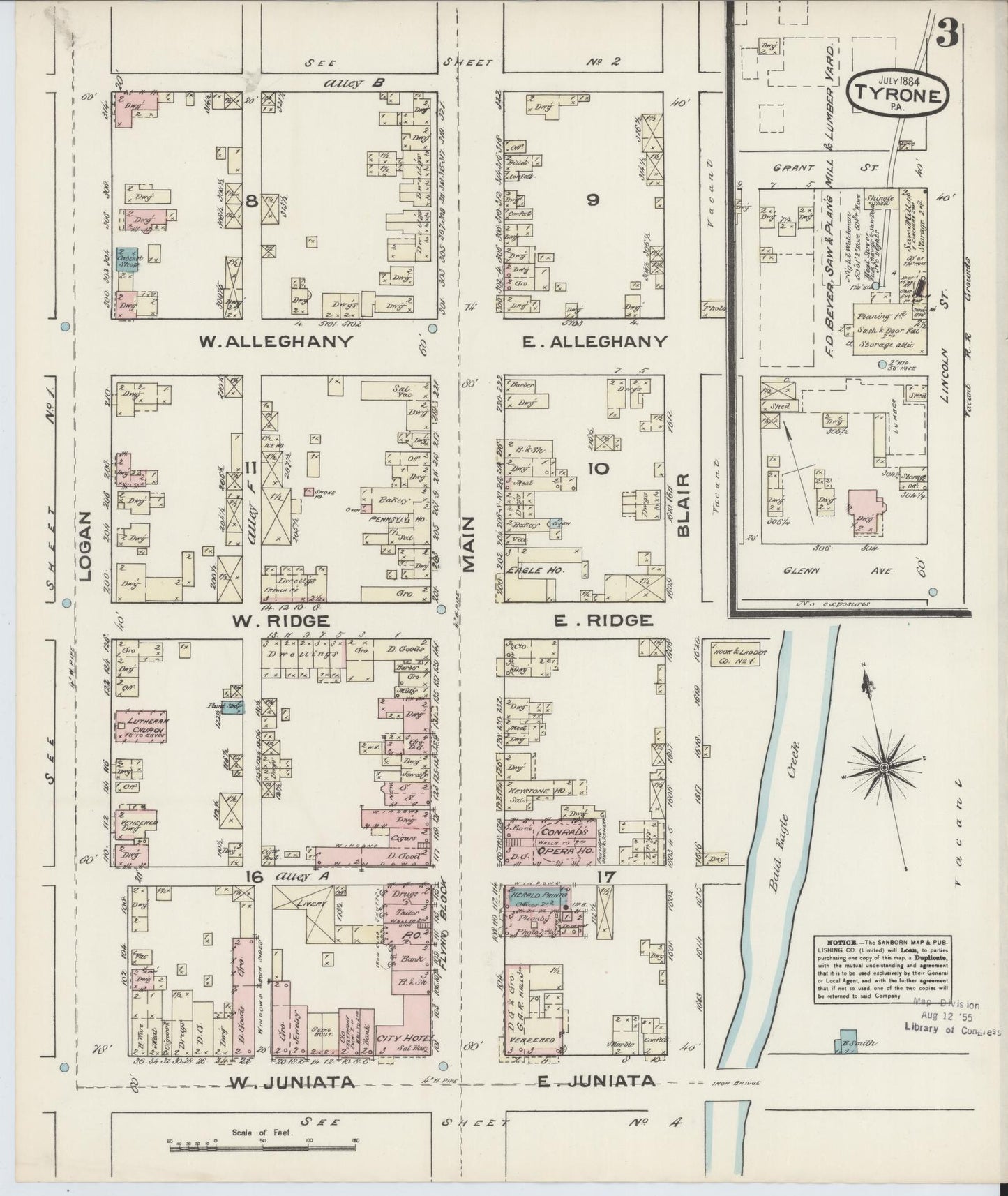 Sanborn Fire Insurance Map from Tyrone, Blair County, Pennsylvania (1884), Sheet #0003 - Complete Map Set gallery image, historic Sanborn map, vintage wall art, Pennsylvania Pennsylvania