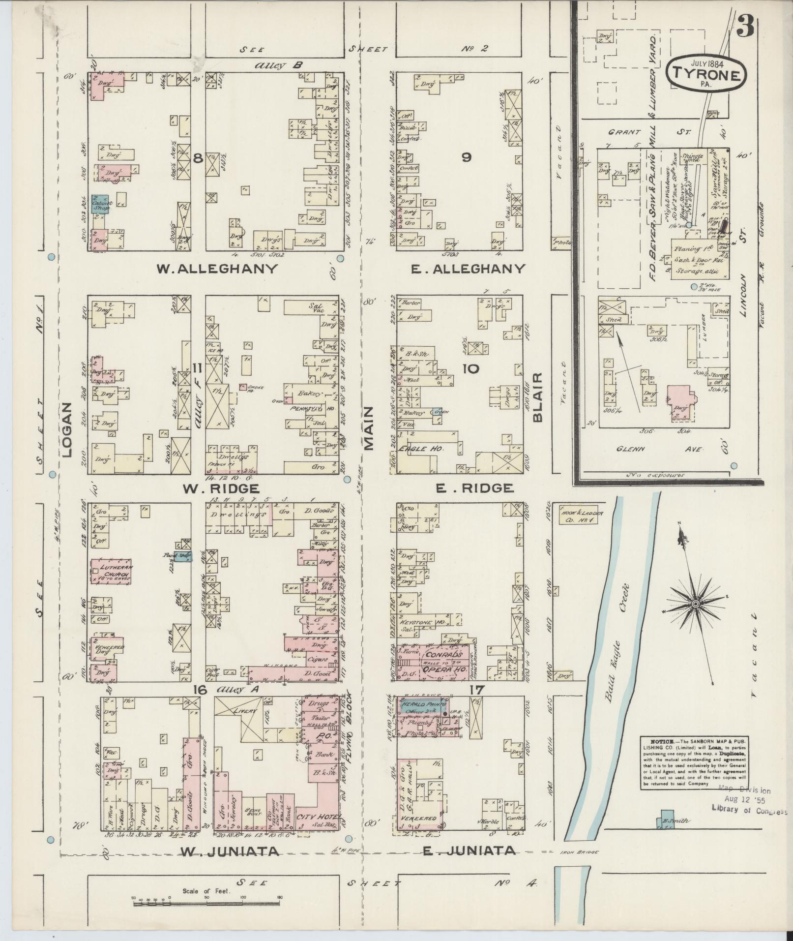 Sanborn Fire Insurance Map from Tyrone, Blair County, Pennsylvania (1884), Sheet #0003 - Complete Map Set gallery image, historic Sanborn map, vintage wall art, Pennsylvania Pennsylvania