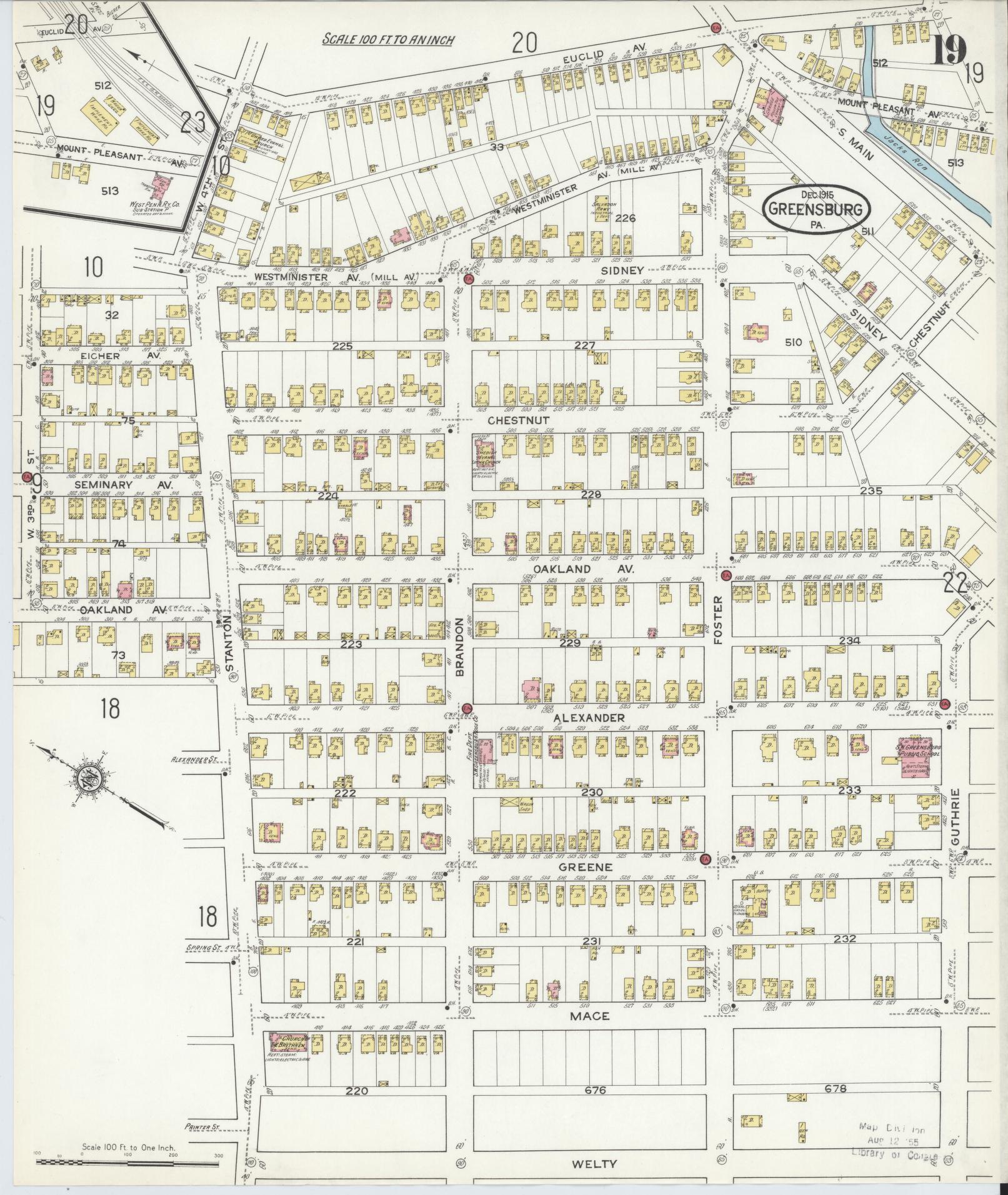 Sanborn Fire Insurance Map from Greensburg, Westmoreland County, Pennsylvania (1915), Sheet #0019 - Historic Sanborn Fire Insurance Map Print, vintage old map wall art, antique decor, genealogy gift, Pennsylvania Pennsylvania map