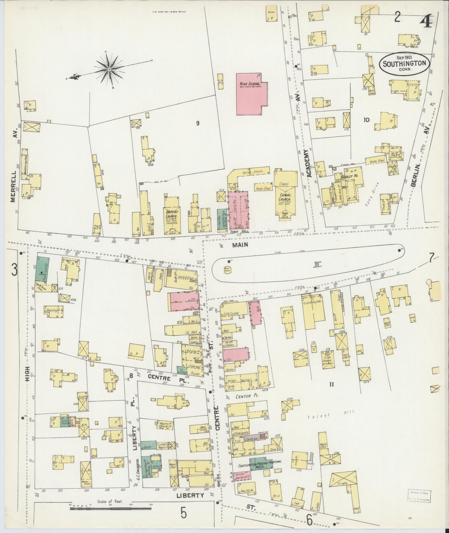 Sanborn Fire Insurance Map from Southington, Hartford County, Connecticut (1901), Sheet #0004 - Historic Sanborn Fire Insurance Map Print, vintage old map wall art, antique decor, genealogy gift, Connecticut Connecticut map