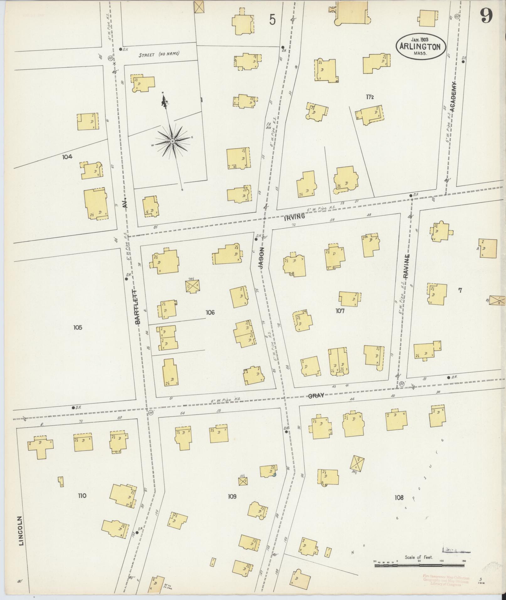 Sanborn Fire Insurance Map from Arlington, Middlesex County, Massachusetts (1903), Sheet #0009 - Historic Sanborn Fire Insurance Map Print, vintage old map wall art, antique decor, genealogy gift, Massachusetts Massachusetts map