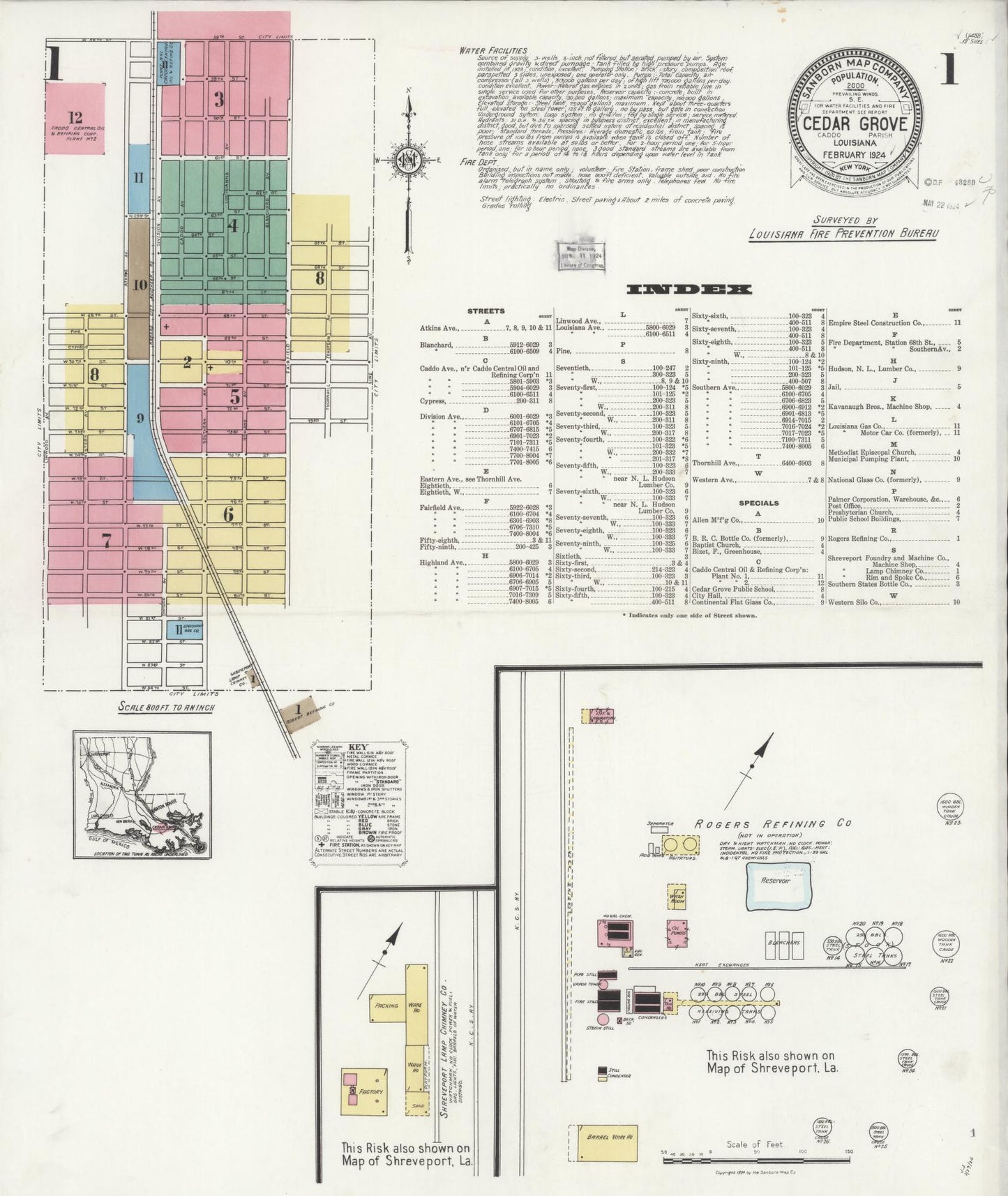 Sanborn Fire Insurance Map from Cedar Grove, Caddo Parish, Louisiana (1924), Sheet #0001 - Historic Sanborn Fire Insurance Map Print, vintage old map wall art, antique decor, genealogy gift, Louisiana Louisiana map