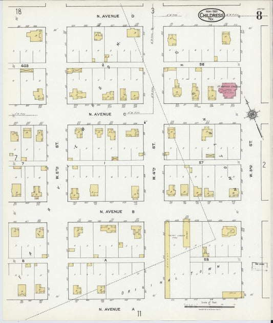 Sanborn Fire Insurance Map from Childress, Childress County, Texas (1921), Sheet #0008 - Historic Sanborn Fire Insurance Map Print, vintage old map wall art, antique decor, genealogy gift, Texas Texas map