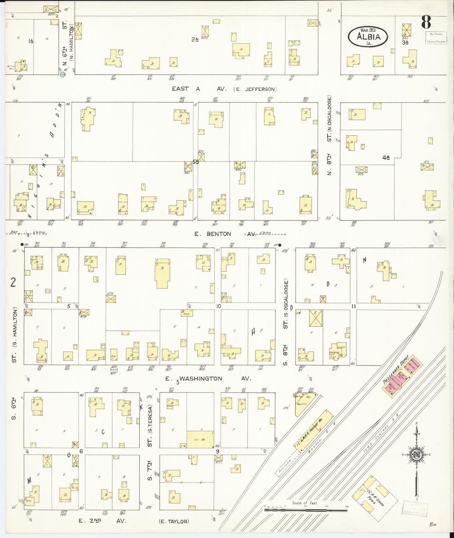 Sanborn Fire Insurance Map from Albia, Monroe County, Iowa (1913), Sheet #0008 - Historic Sanborn Fire Insurance Map Print, vintage old map wall art
