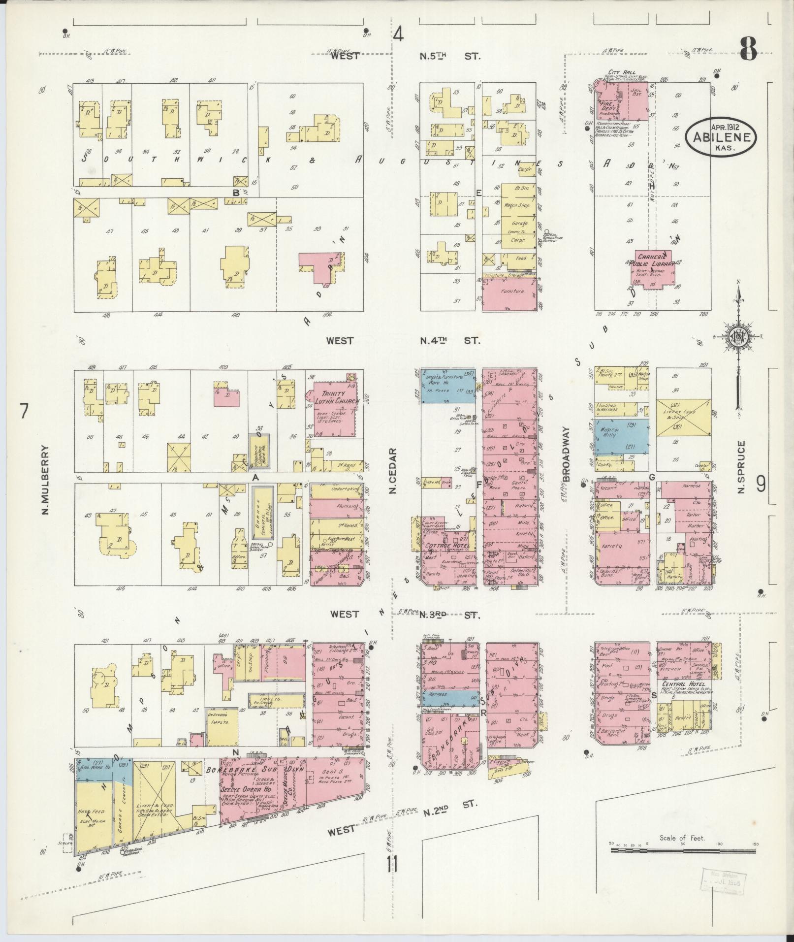 Sanborn Fire Insurance Map from Abilene, Dickinson County, Kansas (1912), Sheet #0008 - Historic Sanborn Fire Insurance Map Print, vintage old map wall art, antique decor, genealogy gift, Kansas Kansas map