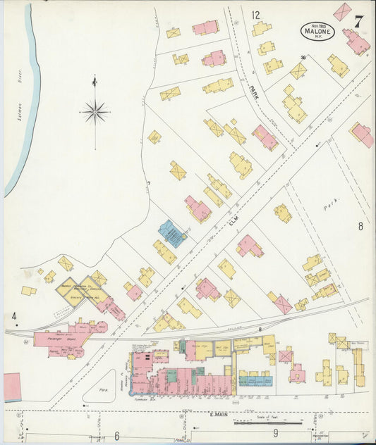 Sanborn Fire Insurance Map from Malone, Franklin County, New York (1903), Sheet #0007 - Historic Sanborn Fire Insurance Map Print, vintage old map wall art, antique decor, genealogy gift, New York New York map