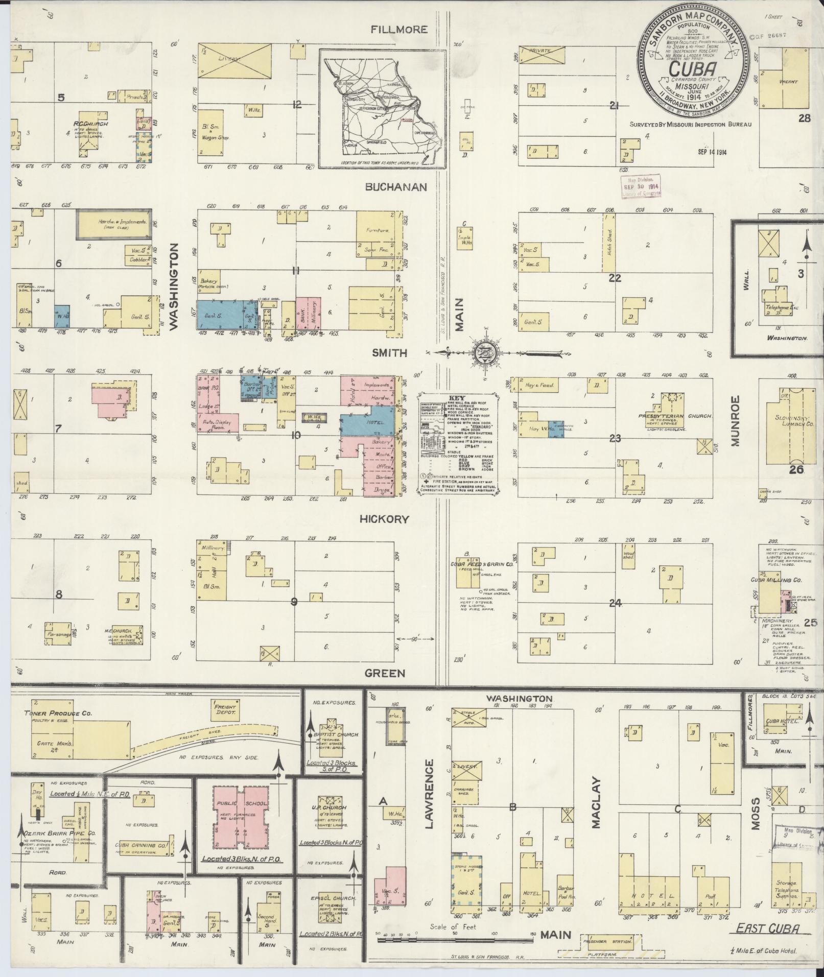 Sanborn Fire Insurance Map from Cuba, Crawford County, Missouri (1914), Sheet #0001 - Historic Sanborn Fire Insurance Map Print, vintage old map wall art, antique decor, genealogy gift, Missouri Missouri map