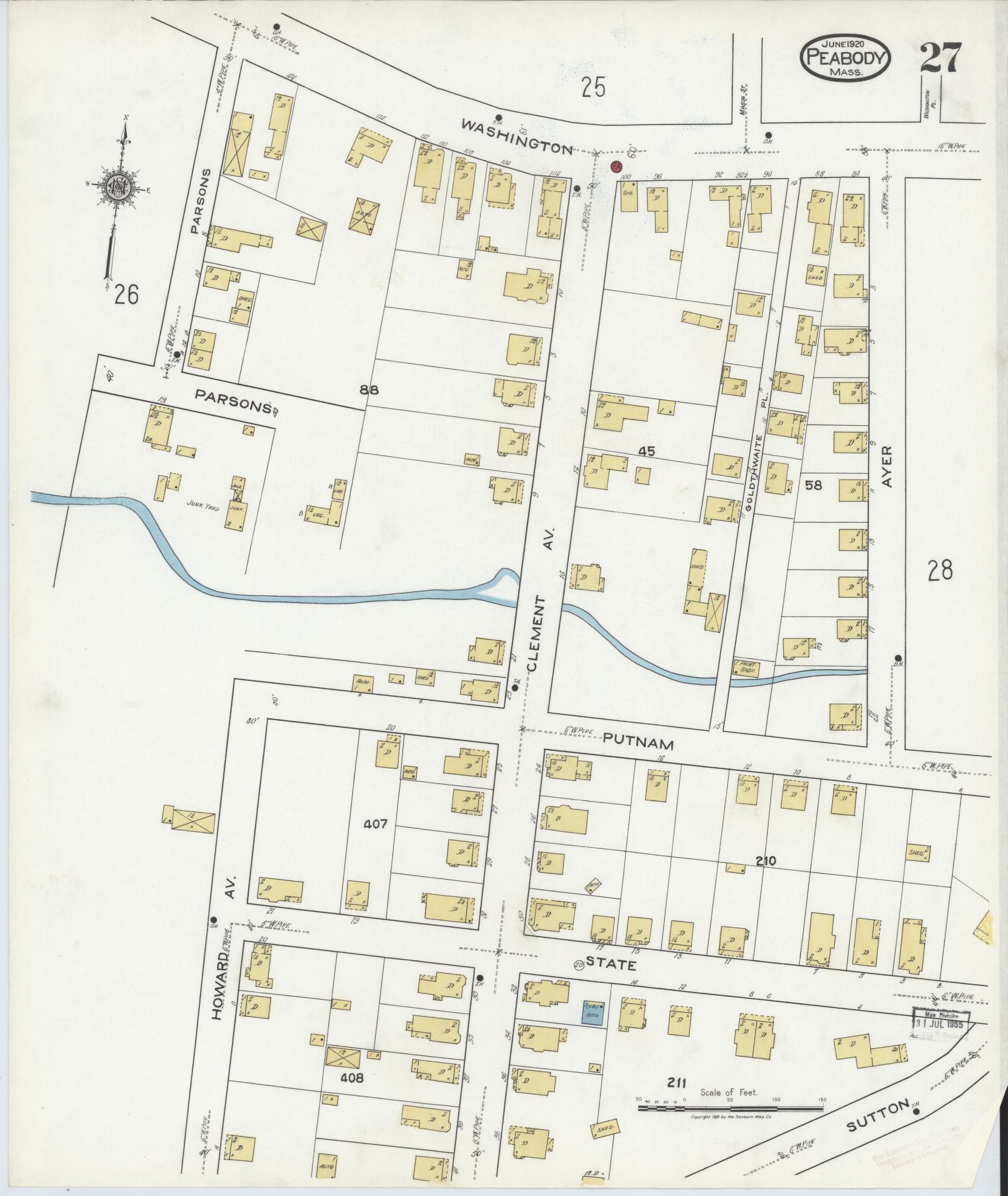 Sanborn Fire Insurance Map from Peabody, Essex County, Massachusetts (1920), Sheet #0027 - Historic Sanborn Fire Insurance Map Print, vintage old map wall art, antique decor, genealogy gift, Massachusetts Massachusetts map