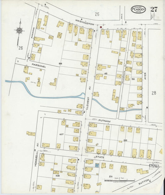 Sanborn Fire Insurance Map from Peabody, Essex County, Massachusetts (1920), Sheet #0027 - Historic Sanborn Fire Insurance Map Print, vintage old map wall art, antique decor, genealogy gift, Massachusetts Massachusetts map