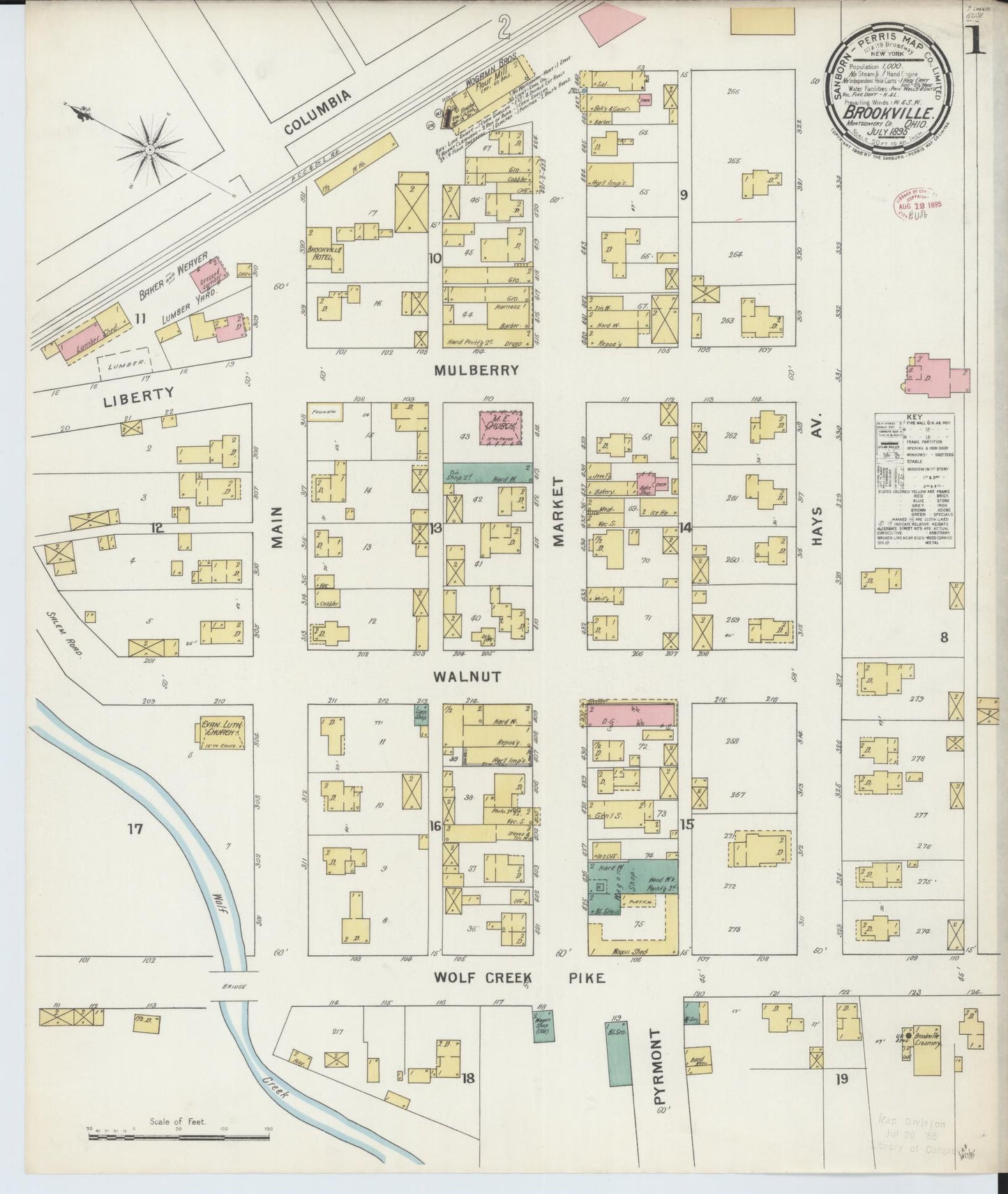 Sanborn Fire Insurance Map from Brookville, Montgomery County, Ohio (1895), Sheet #0001 - Historic Sanborn Fire Insurance Map Print, vintage old map wall art, antique decor, genealogy gift, Ohio Ohio map