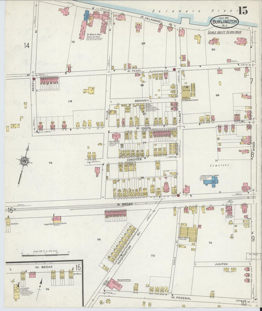Sanborn Fire Insurance Map from Burlington, Burlington County, New Jersey (1915), Sheet #0015 - Historic Sanborn Fire Insurance Map Print, vintage old map wall art, antique decor, genealogy gift, New Jersey New Jersey map