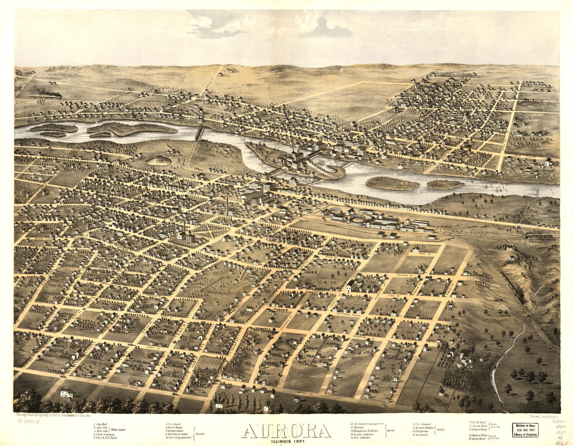 Aurora, Illinois 1867. (1867) – Historic Bird’s-Eye View Panorama Print