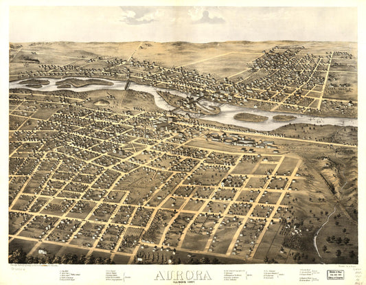 Aurora, Illinois 1867. (1867) – Historic Bird’s-Eye View Panorama Print