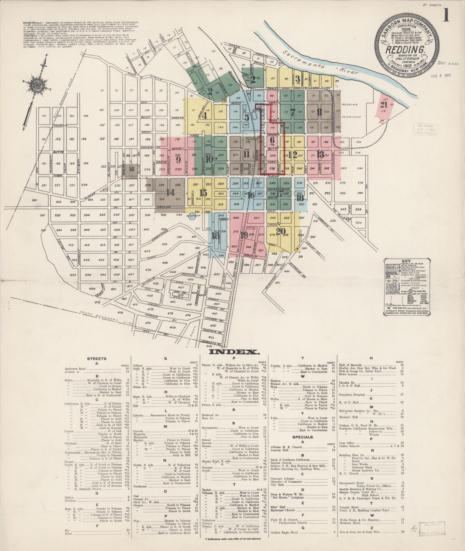 Sanborn Fire Insurance Map from Redding, Shasta County, California (1912), Sheet #0001 - Complete Map Set gallery image, historic Sanborn map, vintage wall art, California California