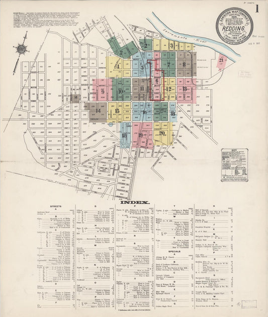 Sanborn Fire Insurance Map from Redding, Shasta County, California (1912), Sheet #0001 - Complete Map Set gallery image, historic Sanborn map, vintage wall art, California California