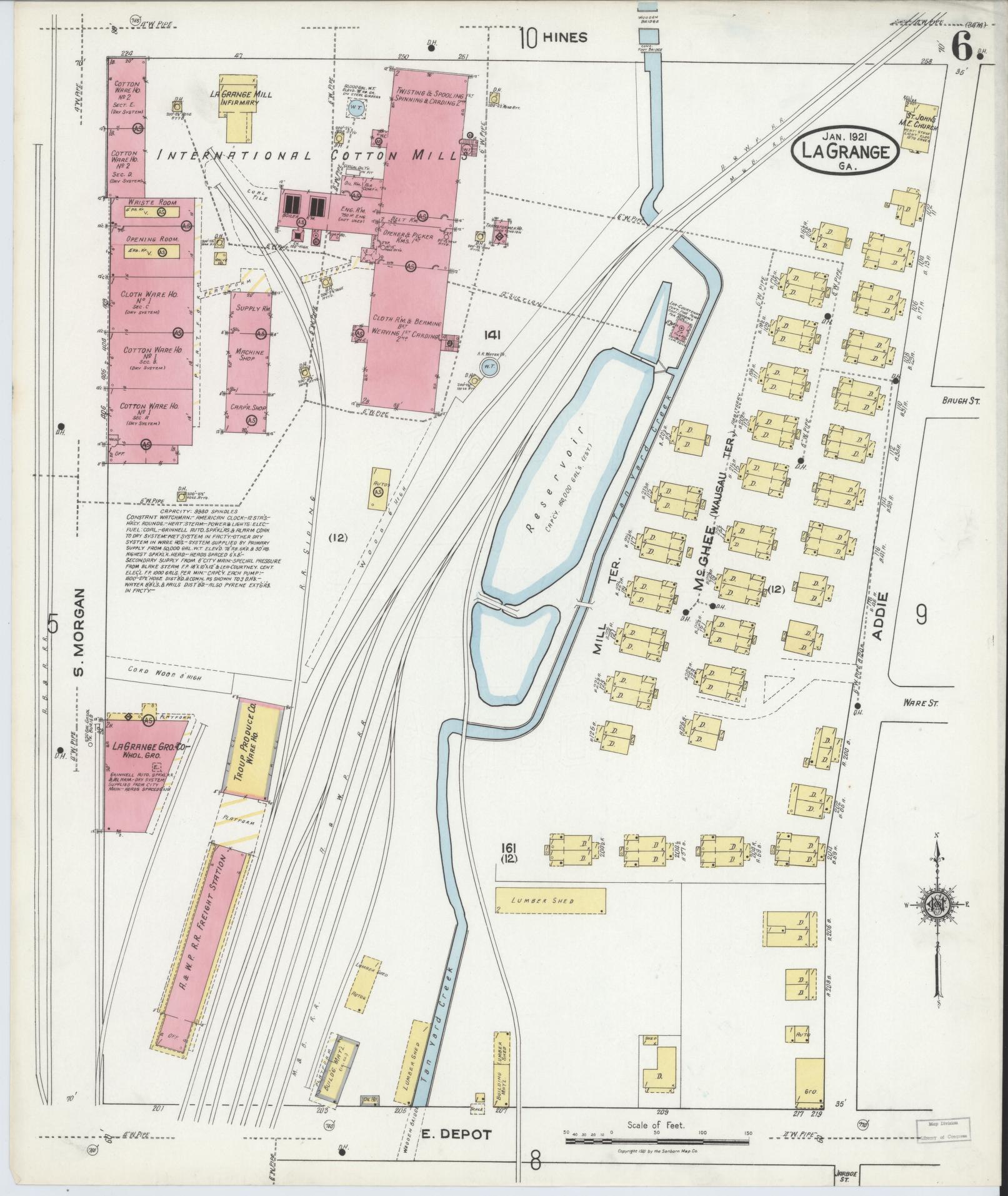 Sanborn Fire Insurance Map from La Grange, Troup County, Georgia (1921), Sheet #0006 - Historic Sanborn Fire Insurance Map Print, vintage old map wall art, antique decor, genealogy gift, Georgia Georgia map