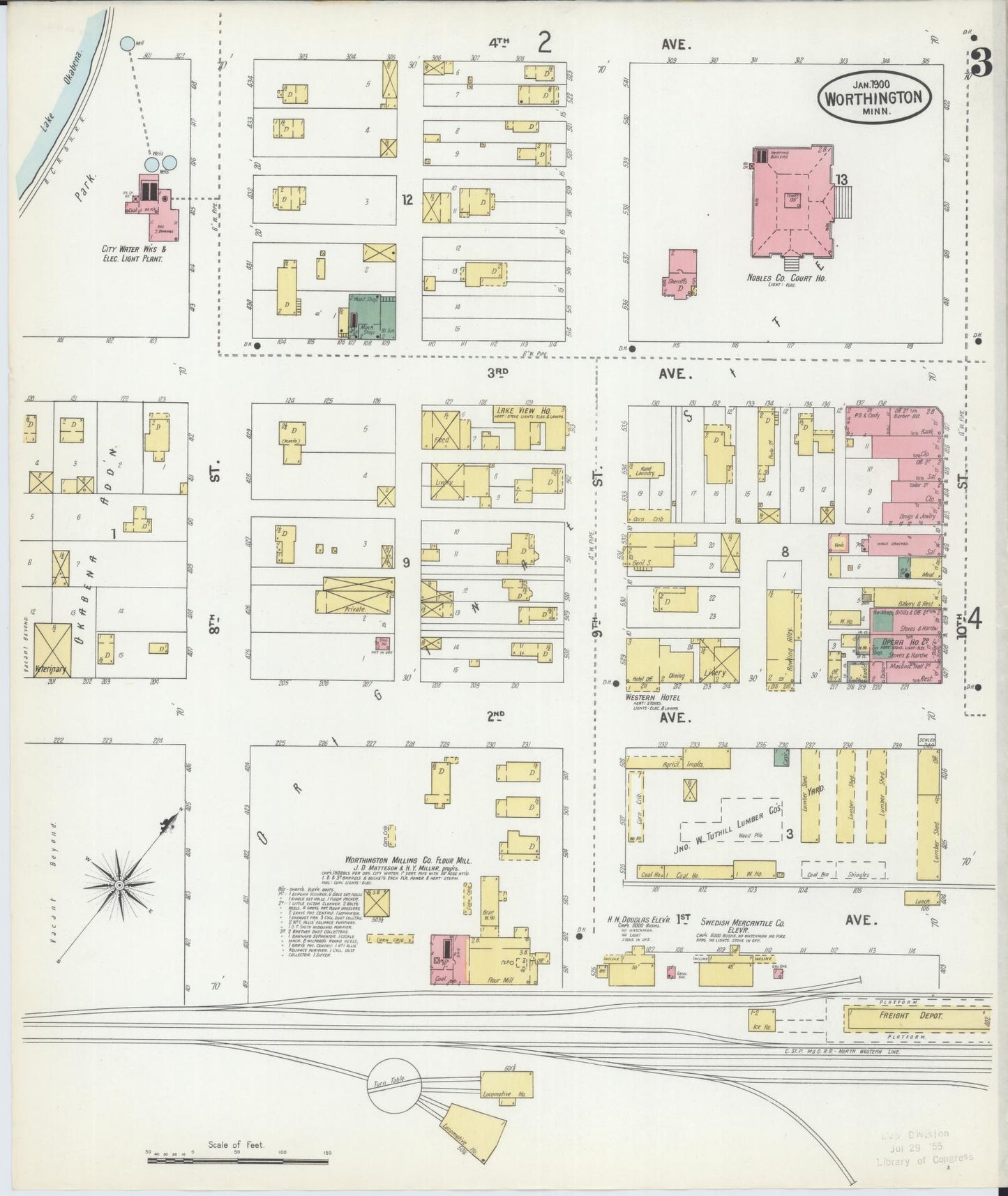 Sanborn Fire Insurance Map from Worthington, Nobles County, Minnesota (1900), Sheet #0003 - Complete Map Set gallery image, historic Sanborn map, vintage wall art, Minnesota Minnesota