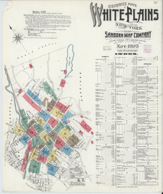 Sanborn Fire Insurance Map from White Plains, Westchester County, New York (1905), Sheet #0001 - Historic Sanborn Fire Insurance Map Print, vintage old map wall art, antique decor, genealogy gift, New York New York map