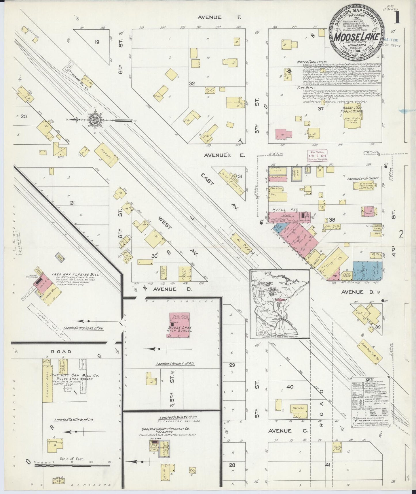 Sanborn Fire Insurance Map from Moose Lake, Carlton County, Minnesota (1914), Sheet #0001 - Complete Map Set gallery image, historic Sanborn map, vintage wall art, Minnesota Minnesota