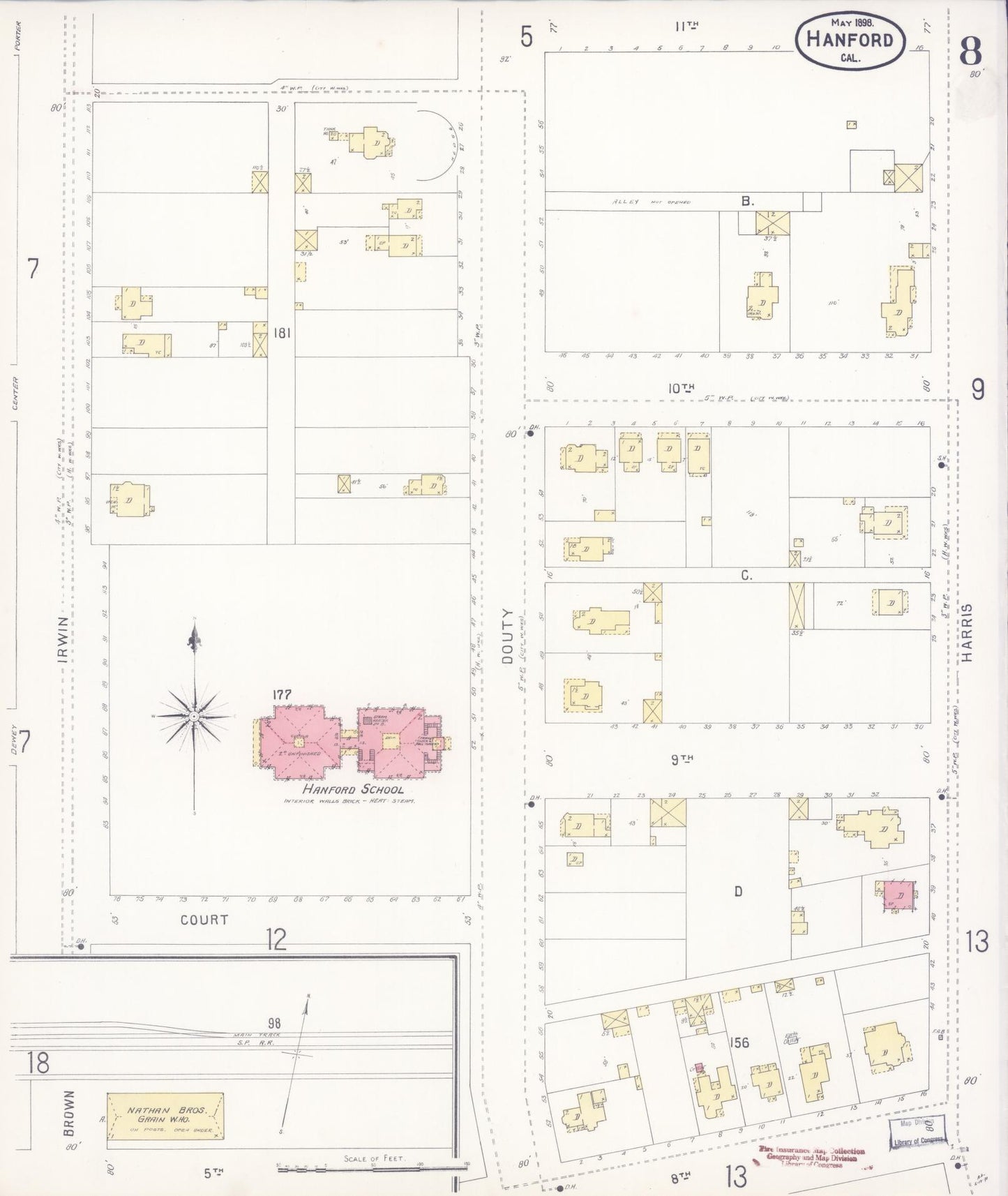 Sanborn Fire Insurance Map from Hanford, Kings County, California (1898), Sheet #0008 - Historic Sanborn Fire Insurance Map Print, vintage old map wall art, antique decor, genealogy gift, California California map