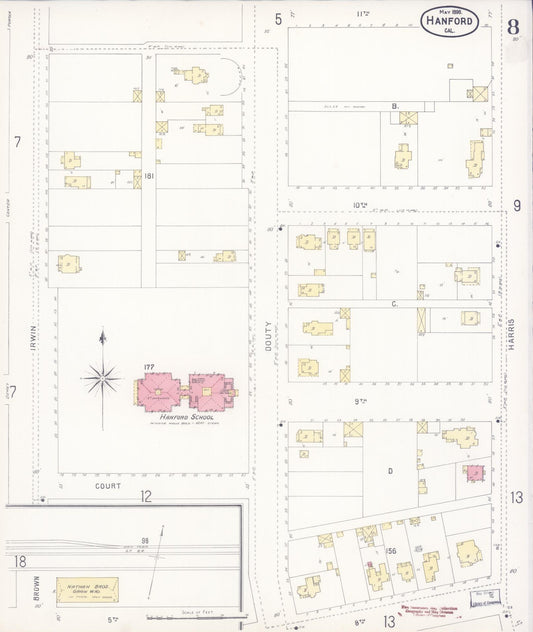 Sanborn Fire Insurance Map from Hanford, Kings County, California (1898), Sheet #0008 - Historic Sanborn Fire Insurance Map Print, vintage old map wall art, antique decor, genealogy gift, California California map