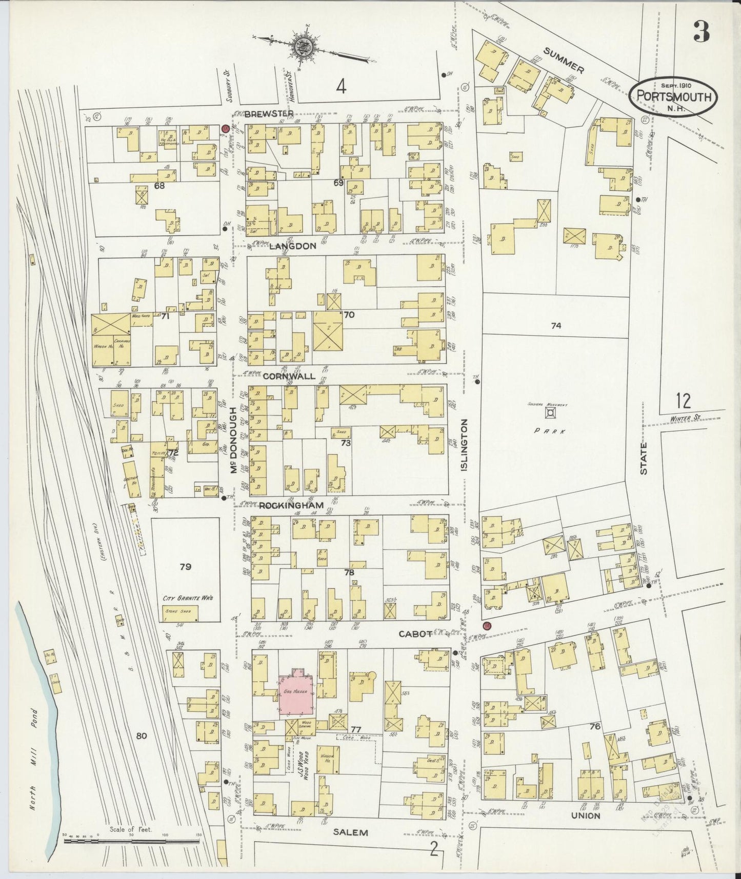 Sanborn Fire Insurance Map from Portsmouth, Rockingham County, New Hampshire (1910), Sheet #0003 - Historic Sanborn Fire Insurance Map Print, vintage old map wall art, antique decor, genealogy gift, New Hampshire New Hampshire map