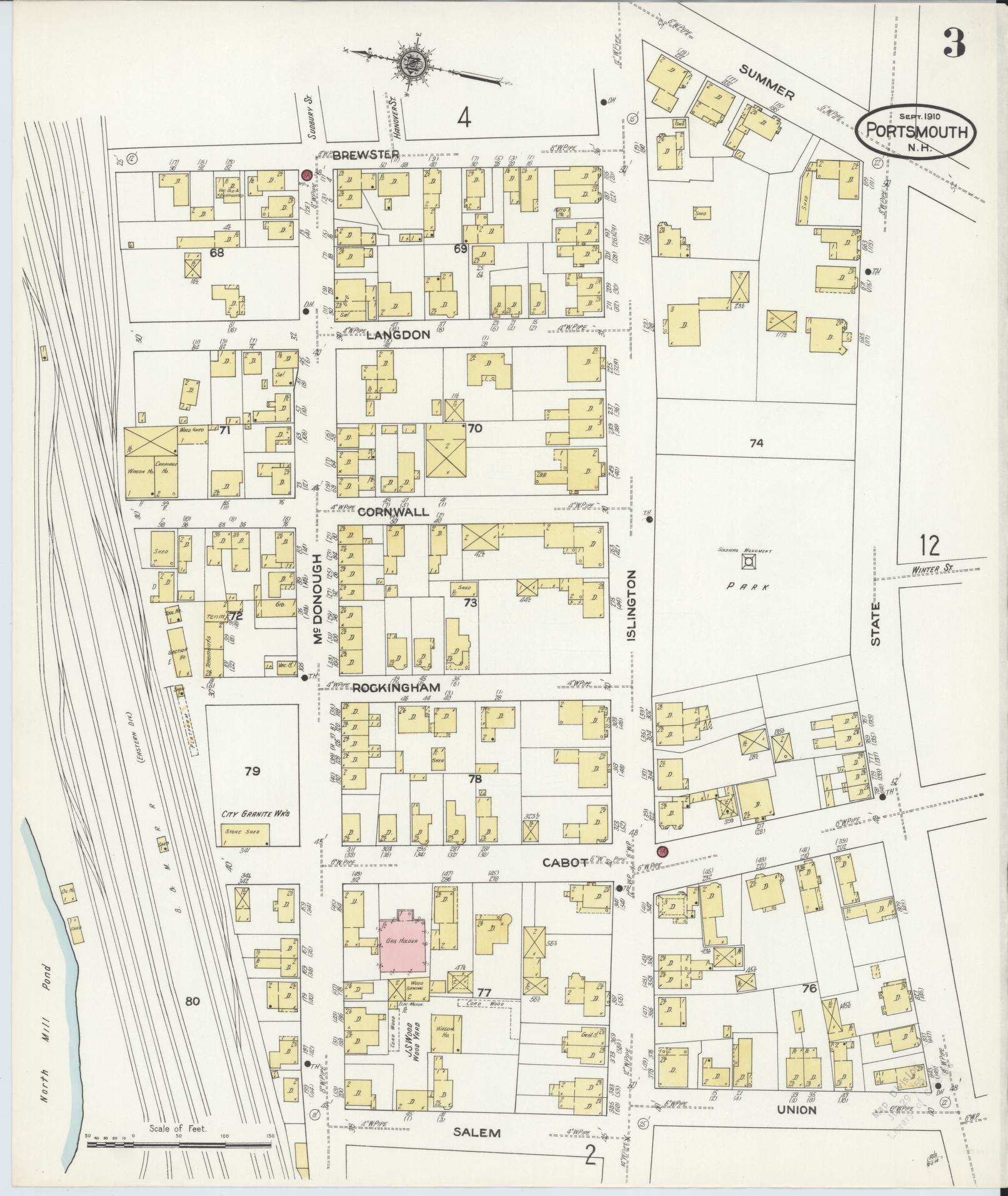 Sanborn Fire Insurance Map from Portsmouth, Rockingham County, New Hampshire (1910), Sheet #0003 - Historic Sanborn Fire Insurance Map Print, vintage old map wall art, antique decor, genealogy gift, New Hampshire New Hampshire map