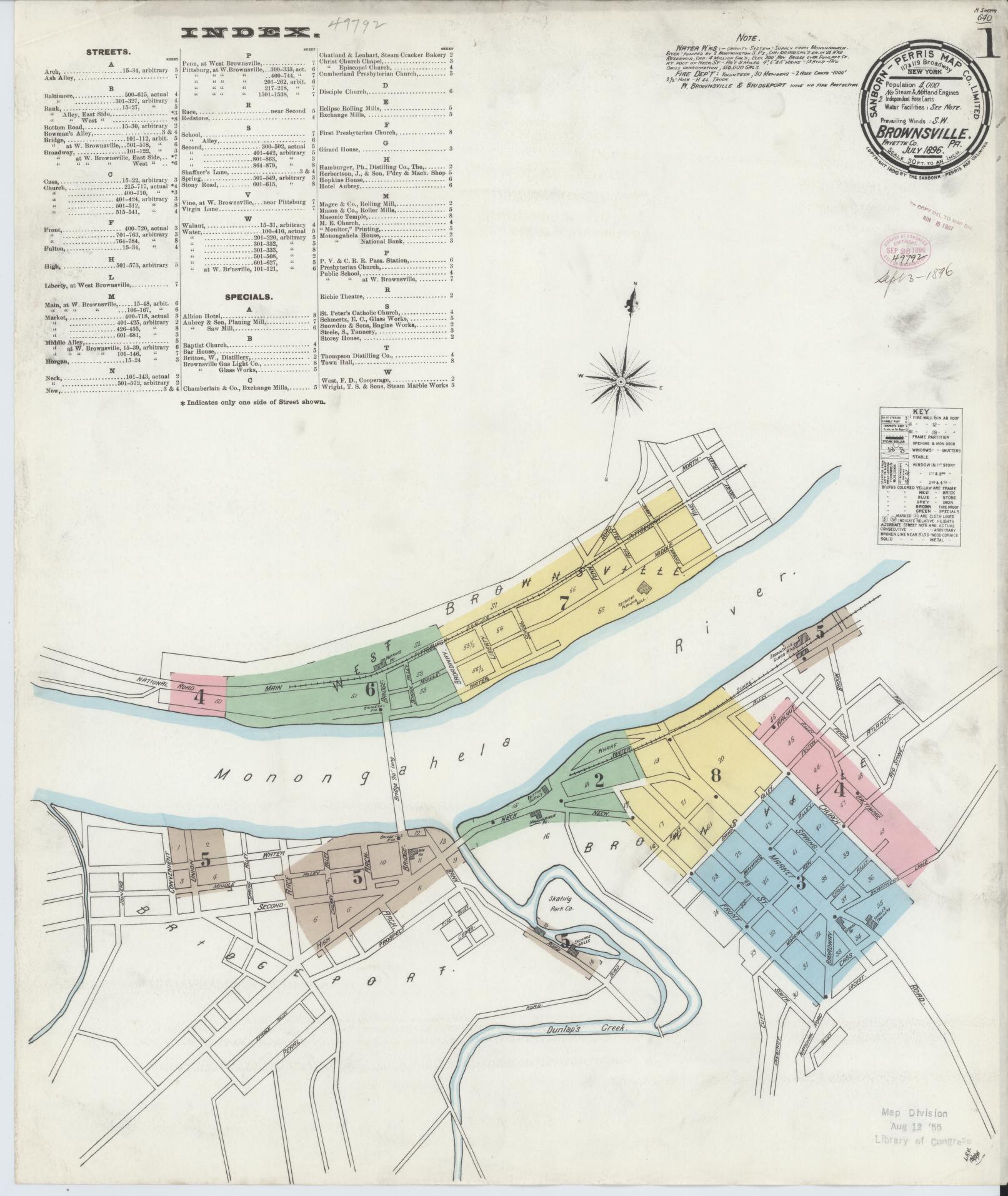 Sanborn Fire Insurance Map from Brownsville, Fayette County, Pennsylvania (1896), Sheet #0001 - Historic Sanborn Fire Insurance Map Print, vintage old map wall art, antique decor, genealogy gift, Pennsylvania Pennsylvania map